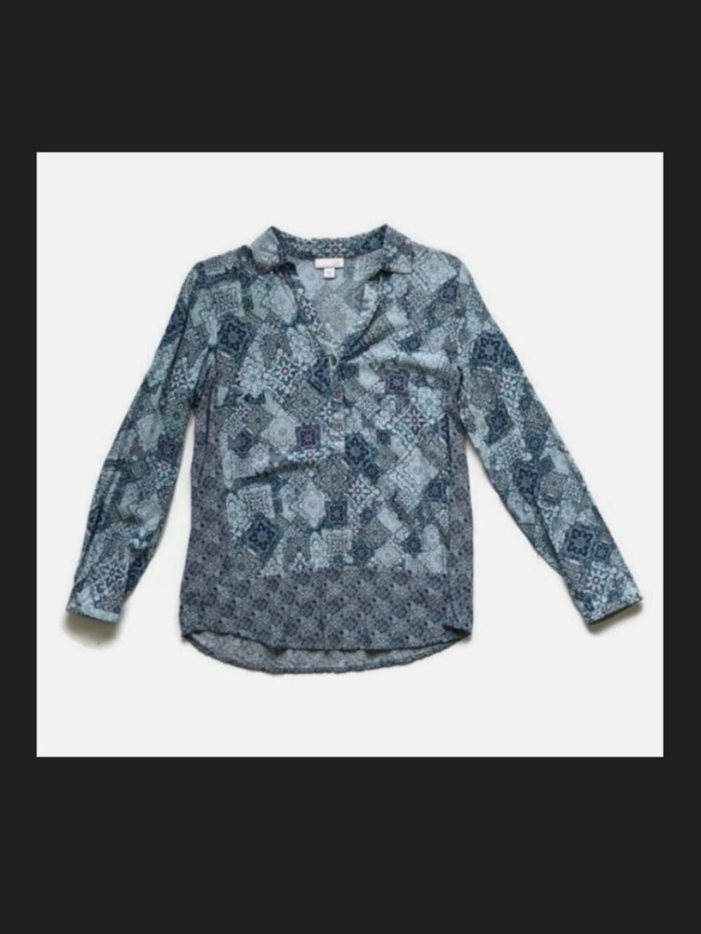 J. Jill Blue Boho Print Popover Top XS 1/2 Button V-neck LS Flowy Casual